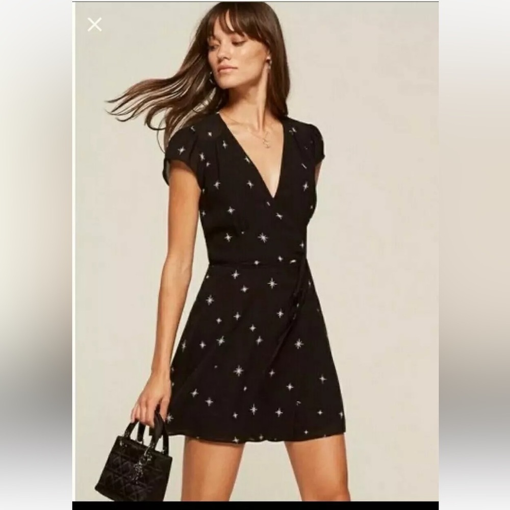 Elegant Black Star Print Wrap Dress